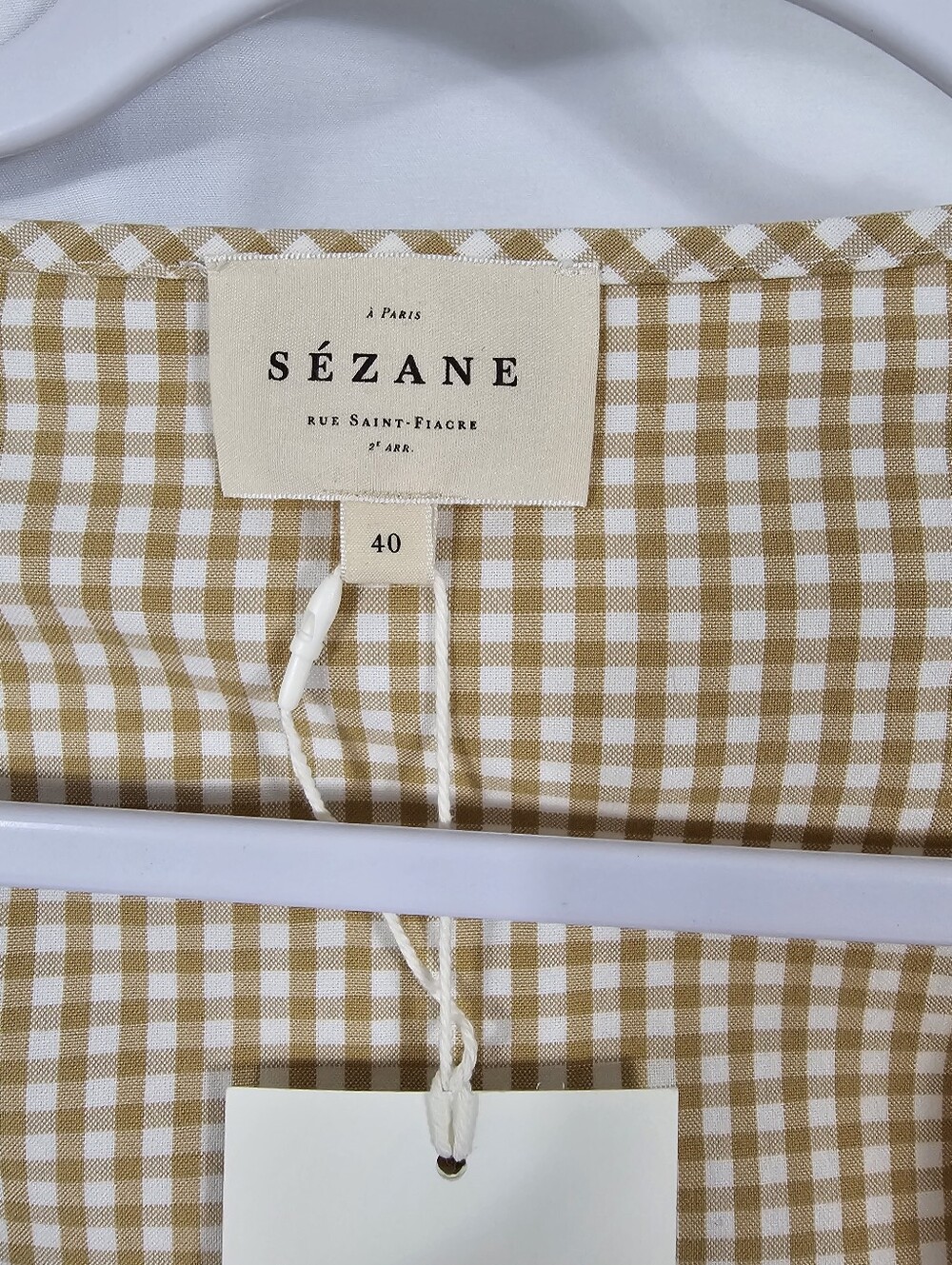 NWT Sezane Kairo Shirt in Dark Beige and Ecru Gingham - Size 8 - Picture 2 of 8